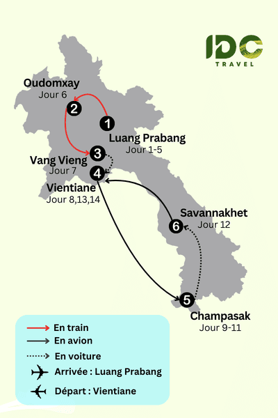 Carte du Laos présentant un itinéraire de 14 jours avec étapes à Luang Prabang, Oudomxay, Vang Vieng, Vientiane, Champasak et Savannakhet, indiquant les déplacements en train, en avion et en voiture, avec arrivée à Luang Prabang et départ de Vientiane
