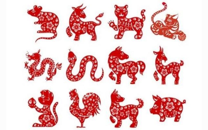 Illustration des douze animaux du zodiaque vietnamien en style doré et rouge : rat, buffle, tigre, chat, dragon, serpent, cheval, chèvre, singe, coq, chien et cochon.