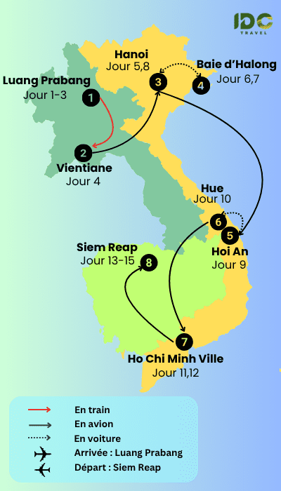 Carte illustrée d'un itinéraire "Aventure au Laos, Vietnam et Cambodge en 15 jours" incluant Hanoi, Halong, Luang Prabang, Vientiane, Hue, Hoi An, Ho Chi Minh, Siem Reap