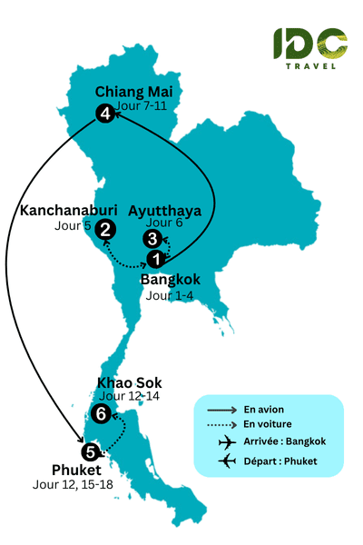 Itinéraire "Aventure complète de Bangkok aux îles du Sud en 18 jours" en découvrant Bangkok, Kanchanaburi, Ayutthaya, Chiang Mai, Lac Cheow Lan et Phuket