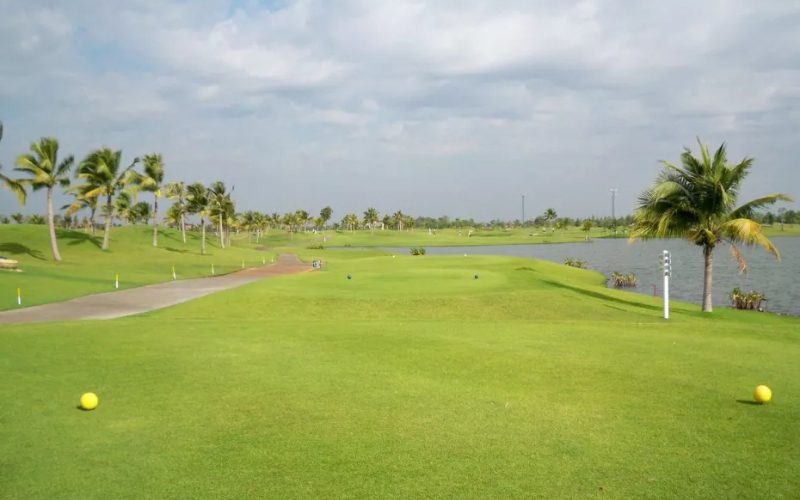 Vue d’un départ de golf entouré de palmiers et bordé par un lac, avec un ciel légèrement nuageux et des fairways verdoyants s’étendant au loin