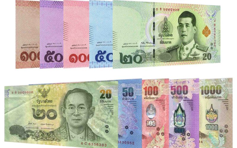 Présentation des billets de baht thaïlandais, montrant les principales coupures (20, 50, 100, 500 et 1 000 bahts) utilisées en Thaïlande