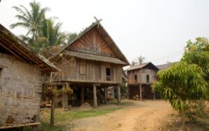 Maisons traditionnelles en bois sur pilotis dans un village rural, entourées de palmiers et de végétation tropicale