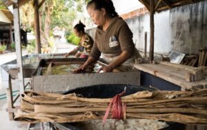 Femmes laotiennes fabriquant du papier traditionnel à la main dans un atelier artisanal à Luang Prabang, en utilisant des fibres naturelles