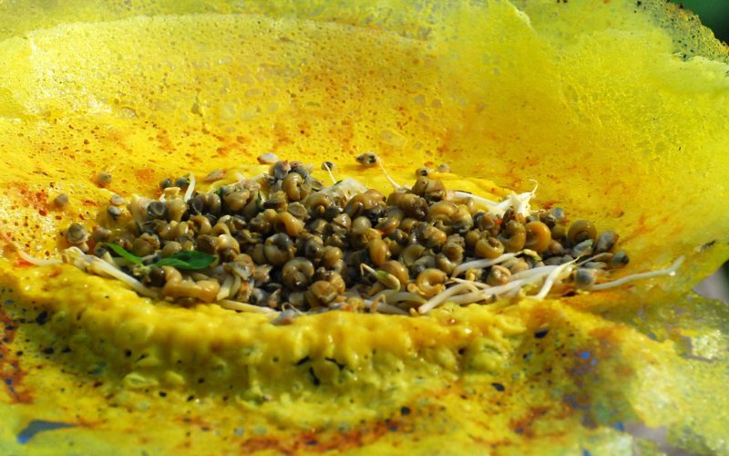 Gros plan d’un bánh xèo aux escargots de rizières (ốc gạo), crêpe vietnamienne dorée et croustillante garnie d’escargots, de germes de soja et d’herbes aromatiques