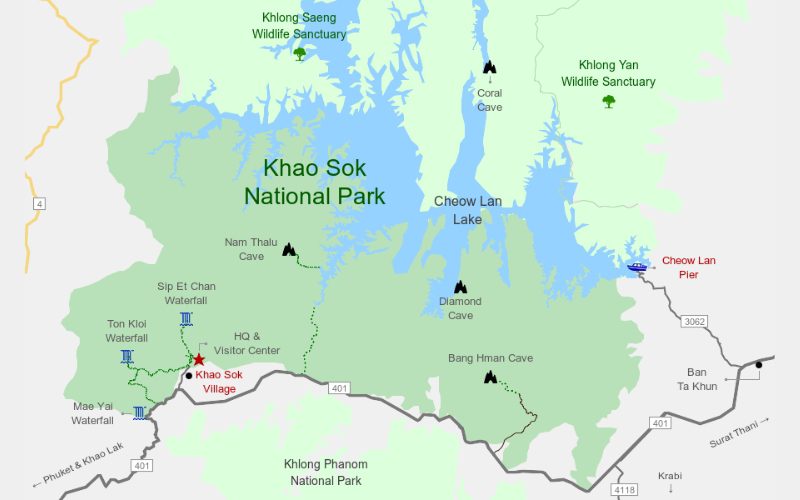 Carte du parc national de Khao Sok en Thaïlande, montrant le lac Cheow Lan, les principaux sites naturels comme les chutes d’eau, les grottes