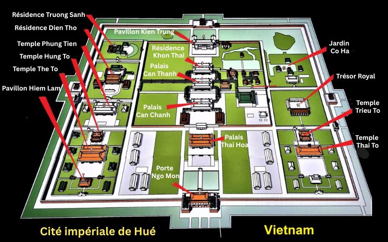 Carte touristique de la Cité impériale de Hué au Vietnam, illustrant les principaux bâtiments historiques comme la porte Ngo Mon, le palais Thai Hoa, les résidences royales, temples, pavillons