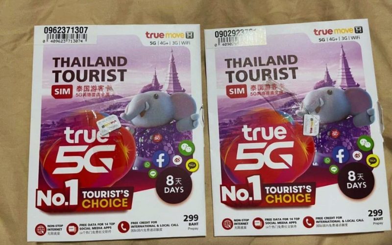 Deux cartes SIM touristiques TrueMove H pour la Thaïlande, avec connexion 5G, valables 8 jours, incluant internet illimité, appels locaux et données pour réseaux sociau