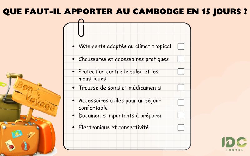 Infographie listant les indispensables à apporter pour un voyage de 15 jours au Cambodge, avec icônes de valises et éléments de voyage