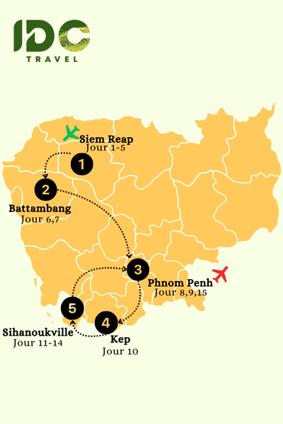 Carte illustrée d’un itinéraire de voyage au Cambodge montrant Siem Reap, Battambang, Phnom Penh, Kep et Sihanoukville avec répartition des étapes par jour