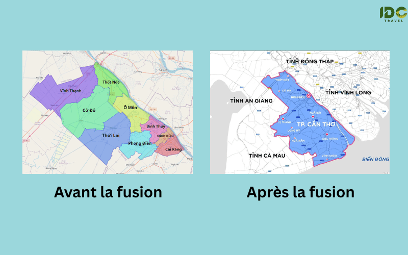 Carte comparative de la ville de Cần Thơ au Vietnam, montrant les limites administratives avant la fusion (avec plusieurs districts colorés séparément) et après la fusion (territoire unifié en bleu)