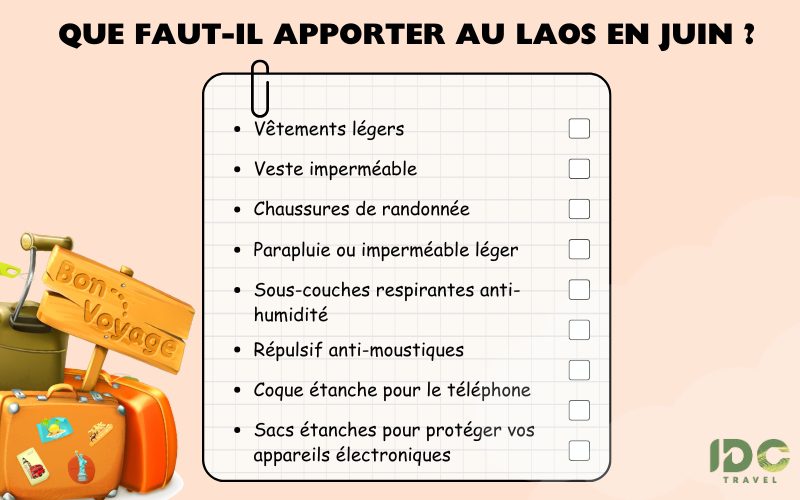 Checklist avec des éléments essentiels à emporter: vêtements légers, veste imperméable, chaussures de randonnée, parapluie ou imperméable léger, sous-couches respirantes anti-humidité, répulsif anti-moustiques, coque étanche pour le téléphone, et sacs étanches pour appareils électroniques