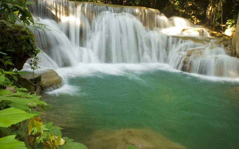 Cascade en terrasse entourée de végétation tropicale, avec une eau turquoise claire s’écoulant paisiblement dans un bassin naturel