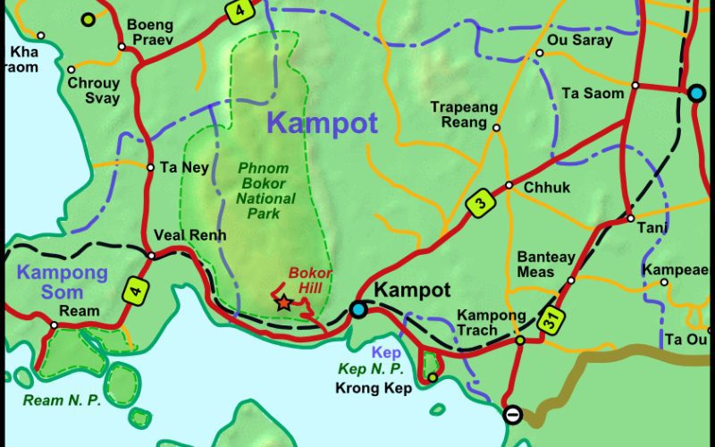 Carte de la province de Kampot au Cambodge, montrant les principales routes, villes (comme Kampot, Veal Renh, Chhuk, et Kep), ainsi que des sites naturels