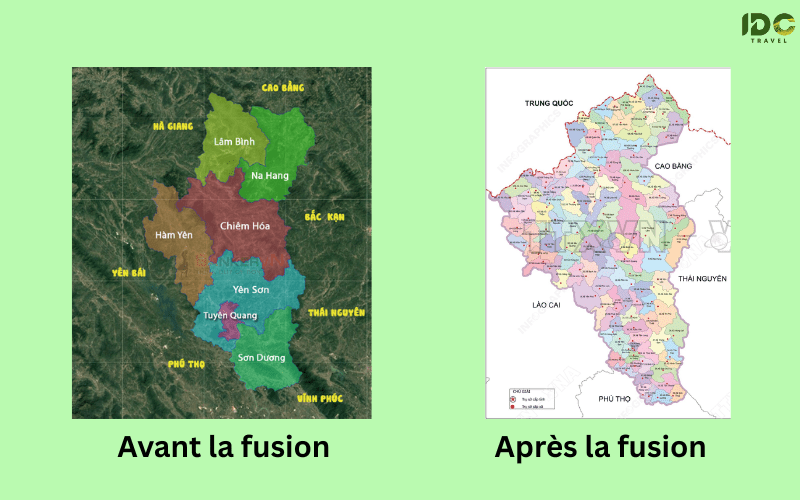 Carte administrative de la province de Tuyen Quang avant la fusion (à gauche, divisions colorées par districts : Ham Yen, Chiem Hoa, Yen Son, Son Duong, etc.) et après la fusion