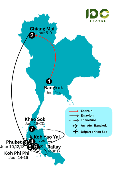 Itinéraire Thailande 20 jours avec des étapes principales: Bangkok, Chiang Mai, Phuket, Koh Yao Yai, Koh Phi Phi, Railay, Khao Sok