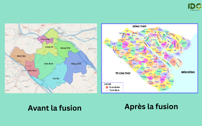 Carte comparative de la province de Vinh Long : à gauche, les districts avant la fusion ; à droite, la nouvelle carte administrative après la fusion avec Bến Tre et Trà Vinh