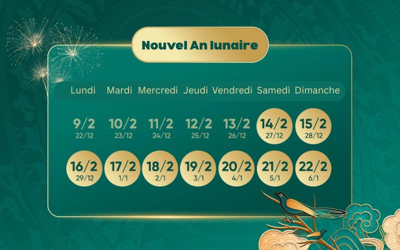 Calendrier illustré du Nouvel An lunaire 2026 indiquant les dates du 9 au 22 février, avec le jour du Têt marqué le 17 février, sur un fond vert orné de motifs floraux et feux d’artifice