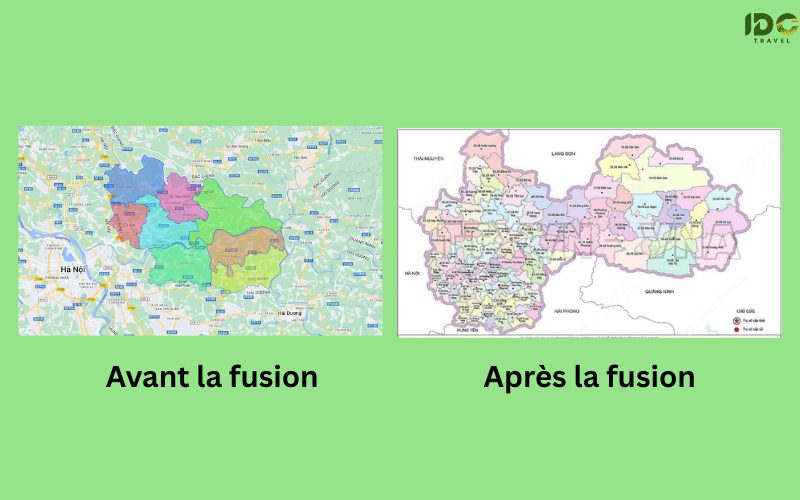 Carte comparative montrant les provinces vietnamiennes avant et après la fusion administrative : à gauche, plusieurs territoires colorés distincts autour de Hanoï ; à droite, une nouvelle carte unifiée regroupant les anciennes divisions