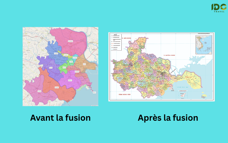 Carte comparant la région avant et après la fusion administrative : à gauche, une carte en couleurs représentant les divisions antérieures ; à droite, une carte plus étendue montrant la nouvelle province élargie