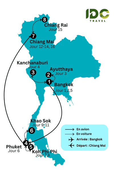 Carte illustrée d'un itinéraire Thailande 16 jours incluant Bangkok, Ayutthaya, Kanchanaburi, Phuket, Khao Sok, Koh Phi Phi, Chiang Mai, Chiang Rai
