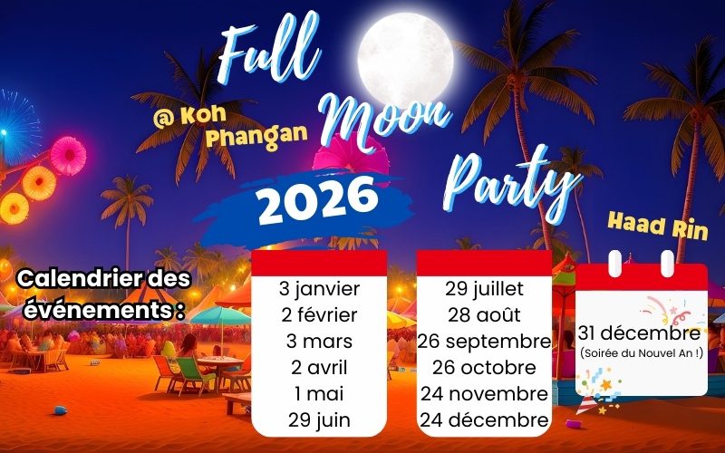 Calendrier 2026 de la Full Moon Party à Koh Phangan, avec plage tropicale de Haad Rin, lune pleine, feux d’artifice et dates des soirées tout au long de l’anné