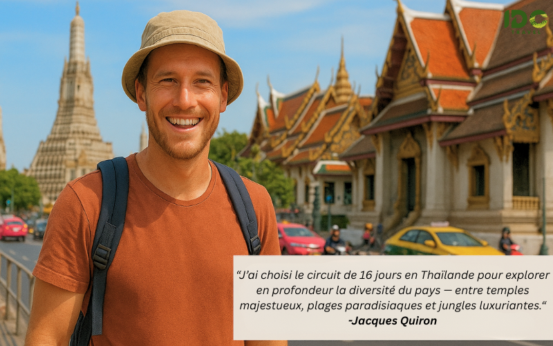 Un voyageur occidental souriant, portant un chapeau beige et un sac à dos, pose devant les temples traditionnels thaïlandais à Bangkok sous un ciel bleu. En arrière-plan, on aperçoit le célèbre Wat Arun et des voitures circulan