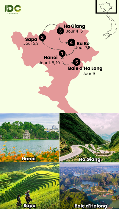 Carte illustrée d'un itinéraire "Découverte du Nord Vietnam - De Sapa à Ha Giang en 10 jours" incluant Hanoï, Sapa, Ha Giang, le lac Ba Bê et la baie d’Halong
