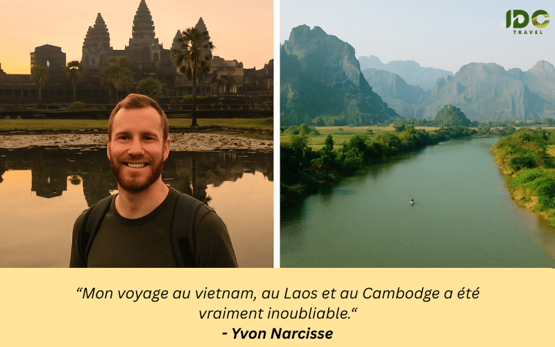 Un montage de deux photos de voyage en Asie du Sud-Est : à gauche, un homme occidental souriant prend un selfie devant le temple d’Angkor Wat au Cambodge ; à droite, vue paisible sur une rivière entourée de montagnes au Laos