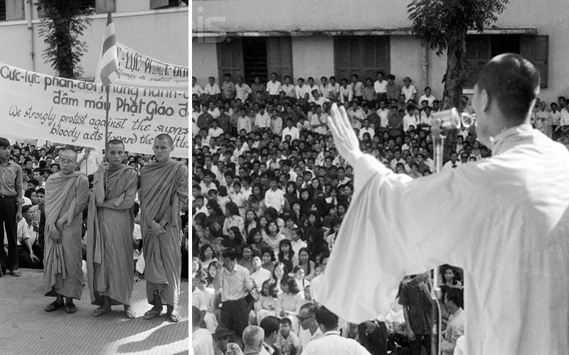 Des moines bouddhistes brandissent des pancartes protestant contre la politique religieuse du président Ngo Dinh Diem, lors de cérémonies commémoratives à la pagode principale Xa Loi le 21 août 1963 à Saïgon.