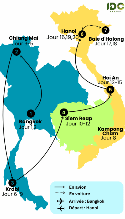 Itinéraire Vietnam Thailande Cambodge 20 jours avec des étapes principales: Bangkok, Chiang Mai, Krabi, Siem Reap, Hoi An, Hanoi, Halong