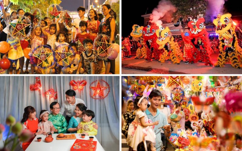 Célébrations joyeuses du Tết Trung Thu au Vietnam : enfants portant des lanternes en étoile, spectacle de danse du lion, repas familial traditionnel et marchés animés de jouets et lanternes colorées