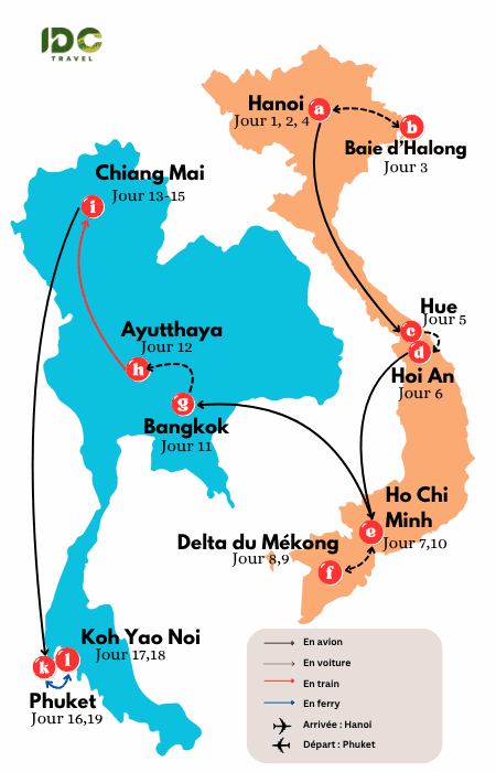 Carte illustrée d'un itinéraire Vietnam Thailande 19 jours incluant Hanoï, baie d’Halong, Hue, Hoi An, Ho Chi Minh, Delta du Mékong, Bangkok, Ayutthaya, Chiang Mai, Phuket, Koh Yao Noi