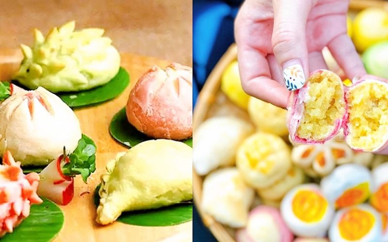 Assortiment de gâteaux Kheo colorés de Phu Quoc joliment présentés sur des feuilles de bananier, accompagnés d’une main tenant un gâteau coupé en deux révélant une garniture sucrée à base de haricots jaunes