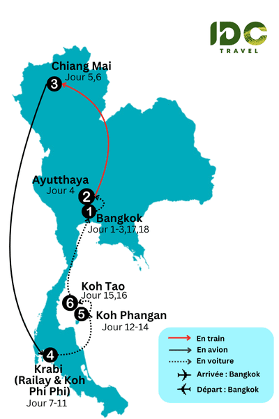 Itinéraire "Grand tour de Thaïlande : De Bangkok aux plages paradisiaques en 18 jours" en passant de Bangkok à Chiang Mai, Koh Phi Phi et Koh Phangan