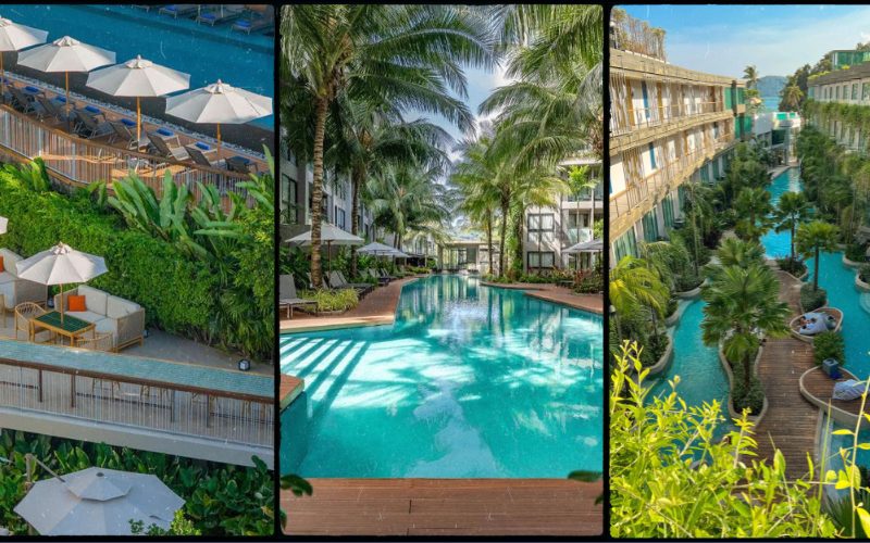 Superbes vues de resorts à Phuket, avec piscines entourées de palmiers, terrasses en bois et espaces de détente ensoleillés