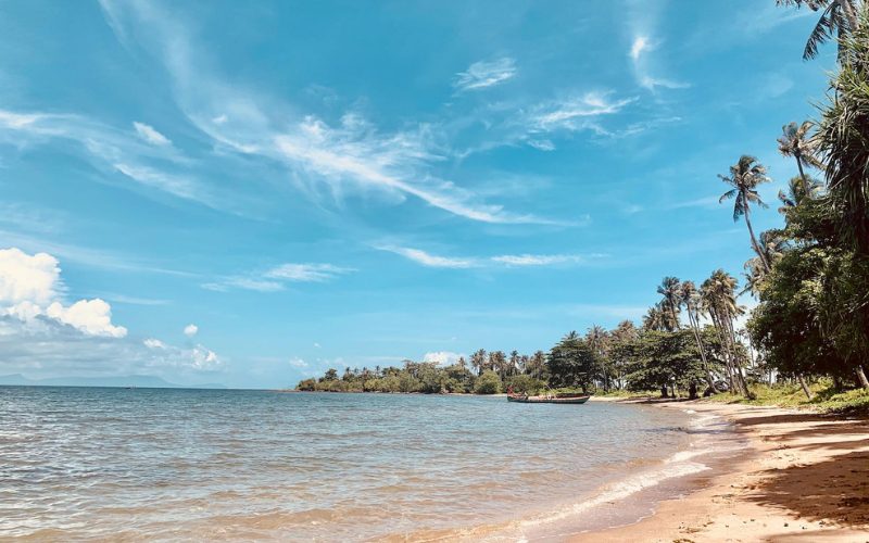 Plage paisible bordée de palmiers à l’eau turquoise sous un ciel bleu parsemé de nuages, avec une petite barque amarrée près du rivage, évoquant une atmosphère tropicale et sereine