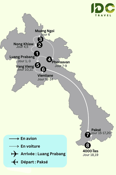 Carte d’itinéraire de 20 jours au Laos montrant le parcours de Luang Prabang à Paksé via Nong Khiaw, Muang Ngoi, Phonsavan, Vang Vieng, Vientiane et les 4000 Îles, avec trajets en avion et en voiture