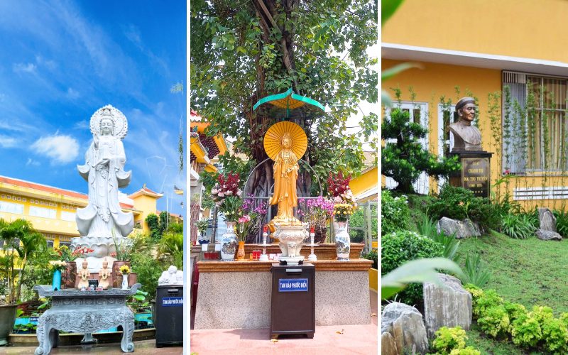 Jardin à la pagode Xa Loi : statues de Guanyin & memorial des moines de Mai Tho Truyen