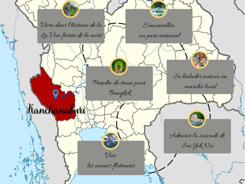 Carte touristique de Kanchanburi Thaïlande