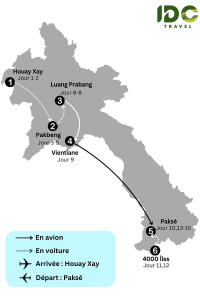 Carte de l’itinéraire de 15 jours au Laos, de Houay Xay à Paksé, passant par Pakbeng, Luang Prabang, Vientiane et la région des 4000 îles, avec trajets en voiture et en avion