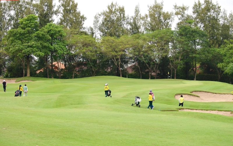Des golfeurs et leurs caddies marchent sur un parcours de golf verdoyant, entouré d’arbres et de bunkers de sable, lors d’une journée nuageuse