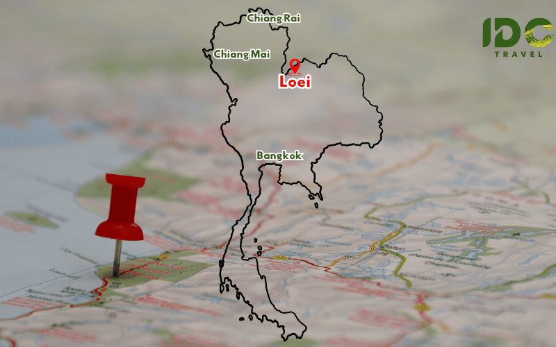 Carte de la Thaïlande indiquant la position de Loei, avec les villes de Bangkok, Chiang Mai et Chiang Rai