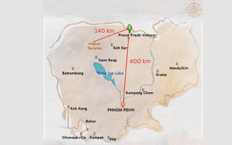 Carte touristique du Cambodge illustrant les principales destinations : Phnom Penh, Siem Reap avec les temples d’Angkor, le lac Tonlé Sap, ainsi que Prasat Preah Vihear