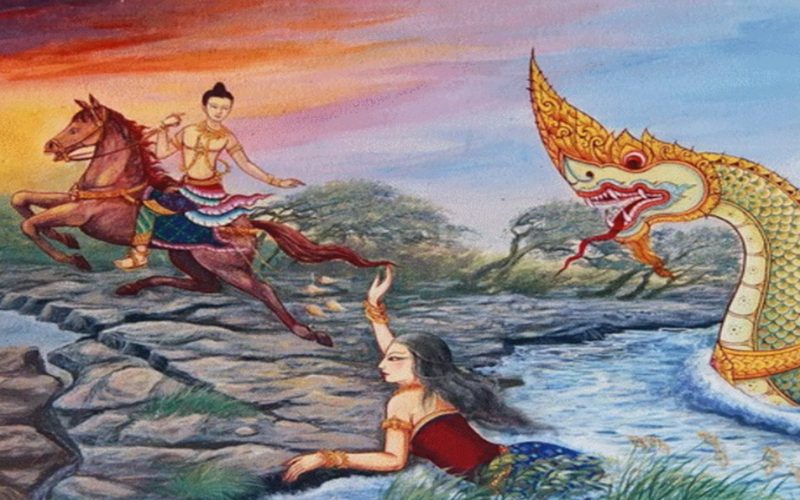 Illustration traditionnelle représentant la légende de Phadaeng, Nang Ai et le roi naga Phaya Nak : un cavalier tente de sauver une femme menacée par un serpent naga géant surgissant de la rivière