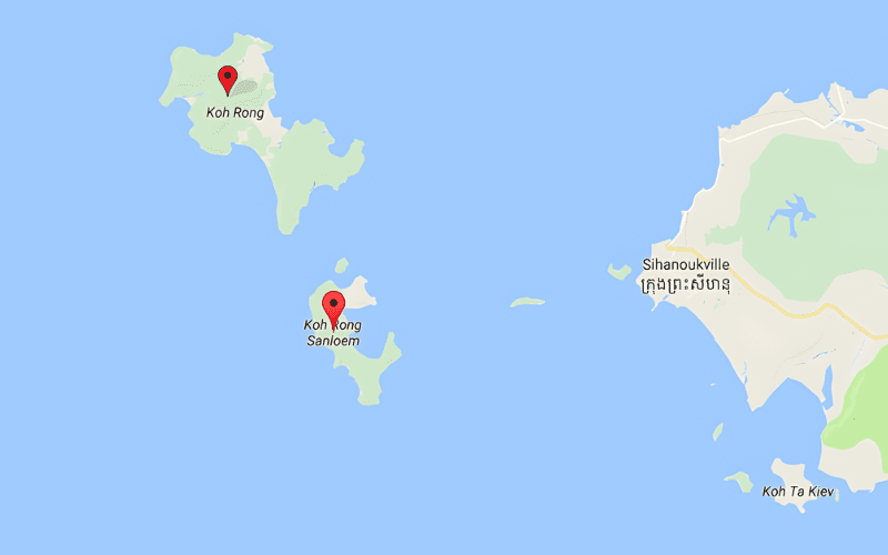 Carte montrant l’emplacement des îles Koh Rong et Koh Rong Samloem au large de Sihanoukville, Cambodge