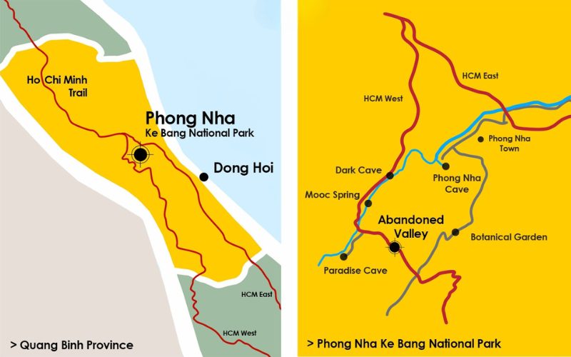 Carte touristique en trois parties montrant la province de Quang Binh au Vietnam, le parc national de Phong Nha-Ke Bang et ses principales attractions