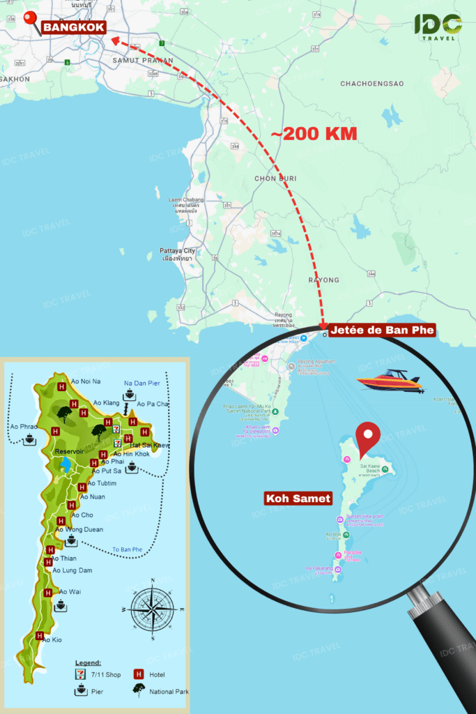 Koh Samet se trouve dans le golfe de Thaïlande, au large de la province de Rayong, à 220 km de Bangkok.