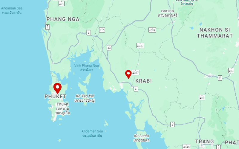 Carte montrant la localisation de Phuket et Krabi dans le sud de la Thaïlande, toutes deux situées sur la côte de la mer d’Andaman