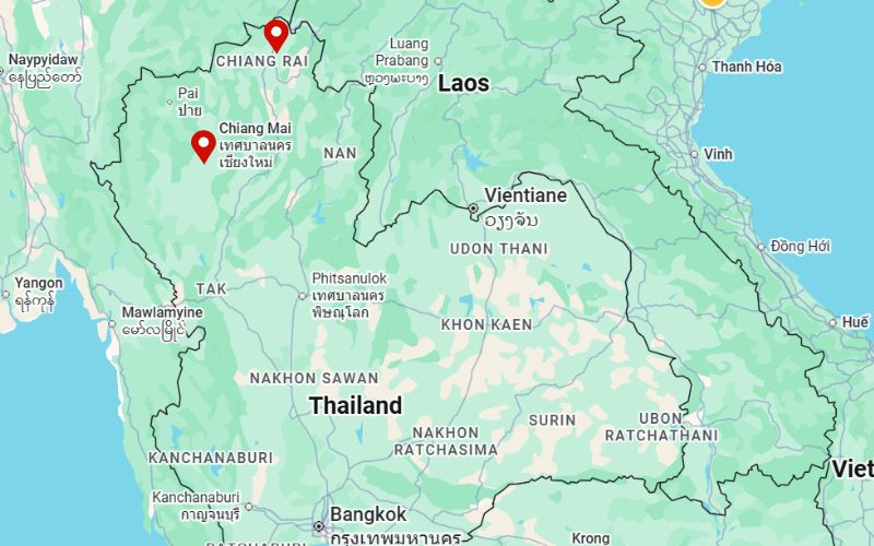 Carte du nord de la Thaïlande montrant la localisation de Chiang Mai et Chiang Rai, avec indication des provinces voisines et des frontières avec le Laos et le Myanmar